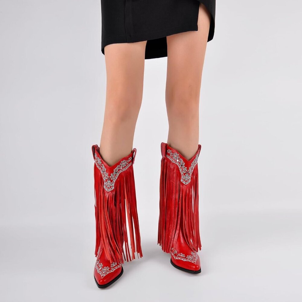 ⚡Women's Red Mid Calf Cowgirl Boot With Rivets Pull On Chunky Heel Embroidered - Picture 5 of 6